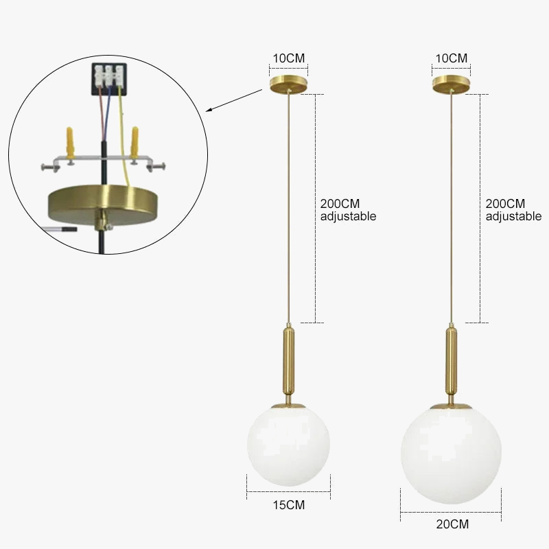 suspension moderne avec abat-jour en boule de verre doré