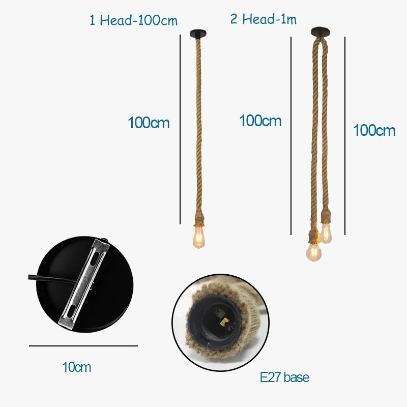 suspension rétro loft industriel en corde de chanvre avec ampoule edison