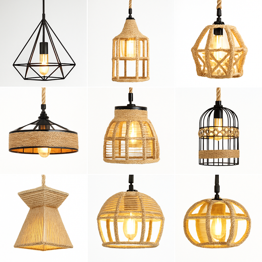 suspension vintage en corde de chanvre et fer pour cafés et bars