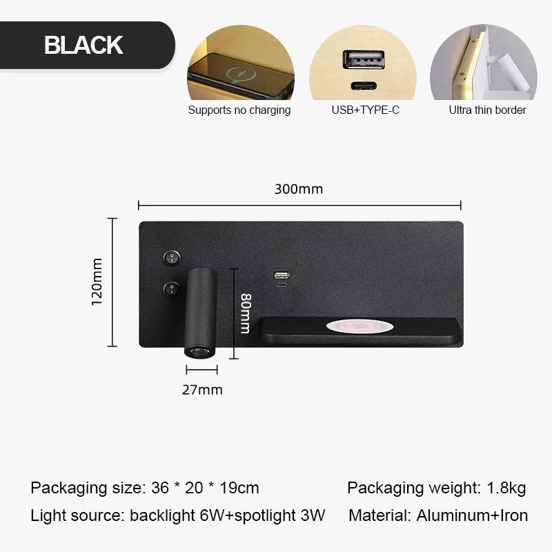 USB LED charge sans fil applique murale or luxe lecture applique murale maison hôtel chambre salon multi-fonction avec interrupteur