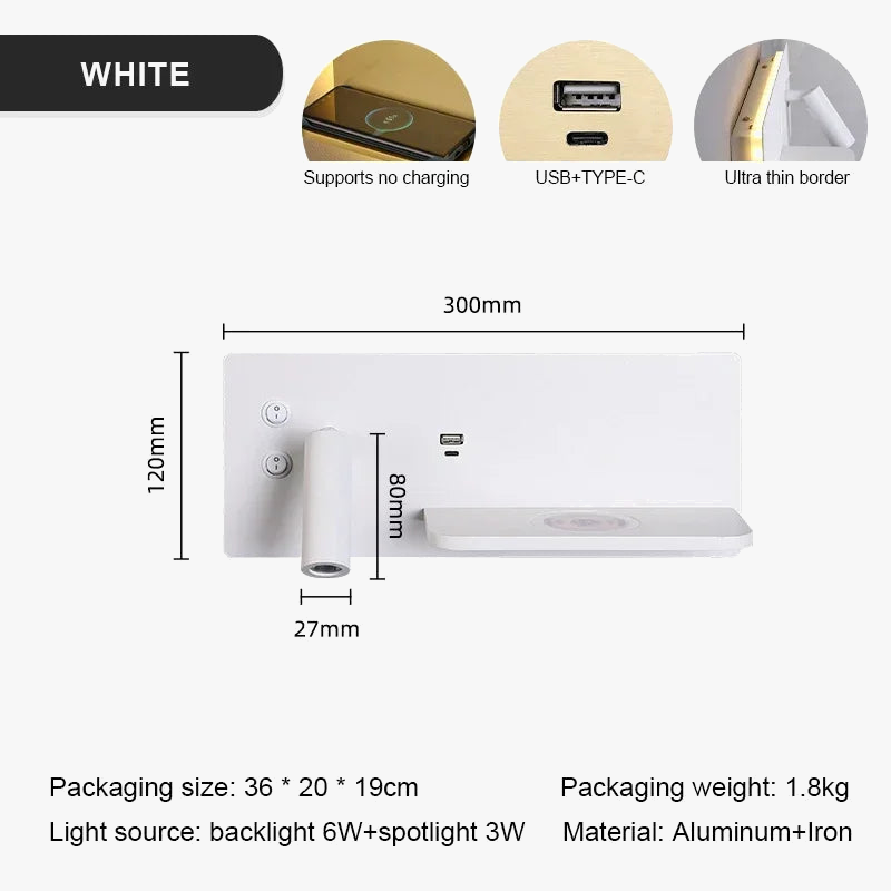 USB LED charge sans fil applique murale or luxe lecture applique murale maison hôtel chambre salon multi-fonction avec interrupteur