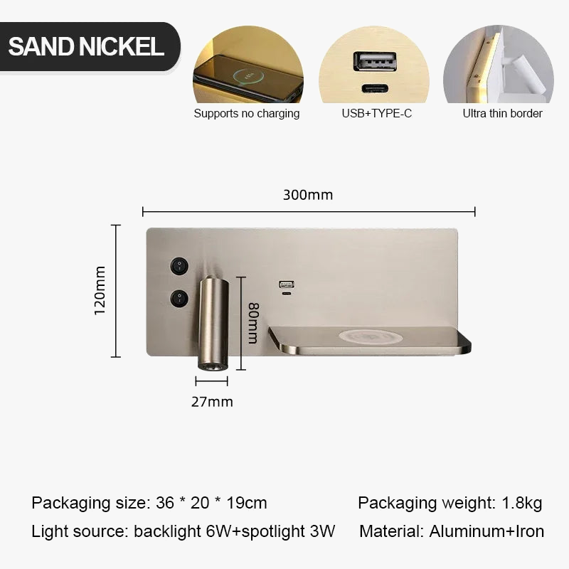 USB LED charge sans fil applique murale or luxe lecture applique murale maison hôtel chambre salon multi-fonction avec interrupteur