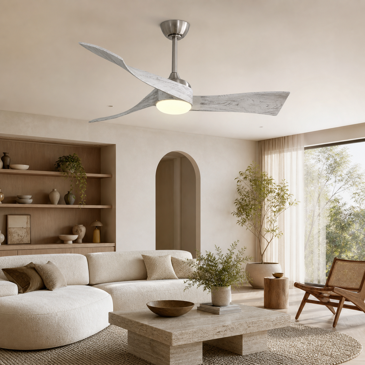 Ventilateur de plafond à trois pales en bois avec LED centrale — Étoupe