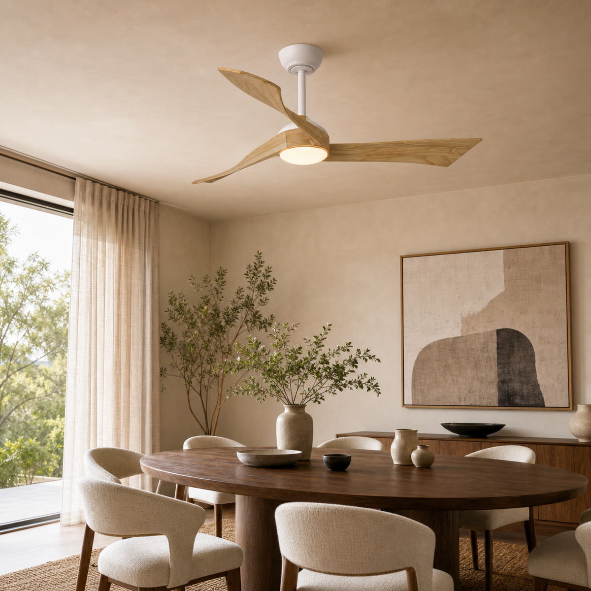 Ventilateur de plafond à trois pales en bois avec LED centrale — Étoupe