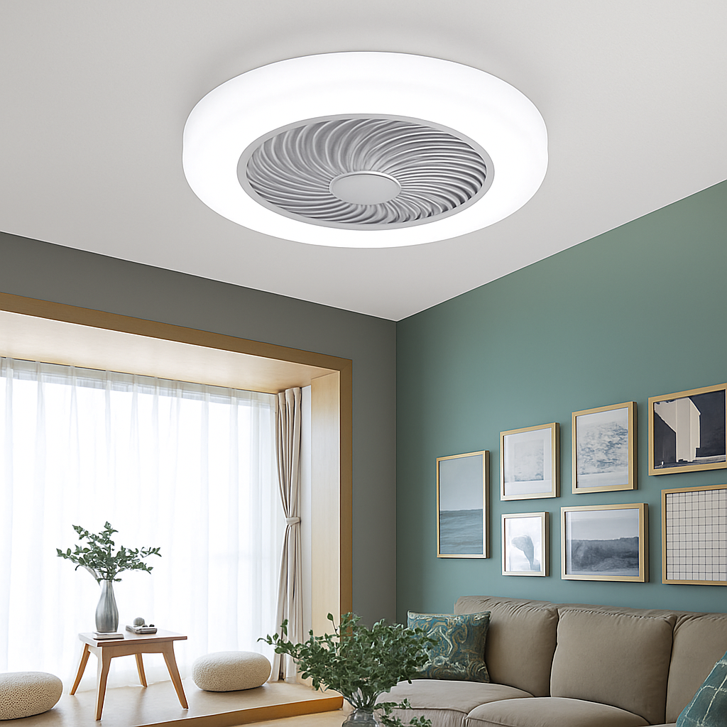 ventilateur de plafond avec télécommande dimmable et lumière LED minimaliste