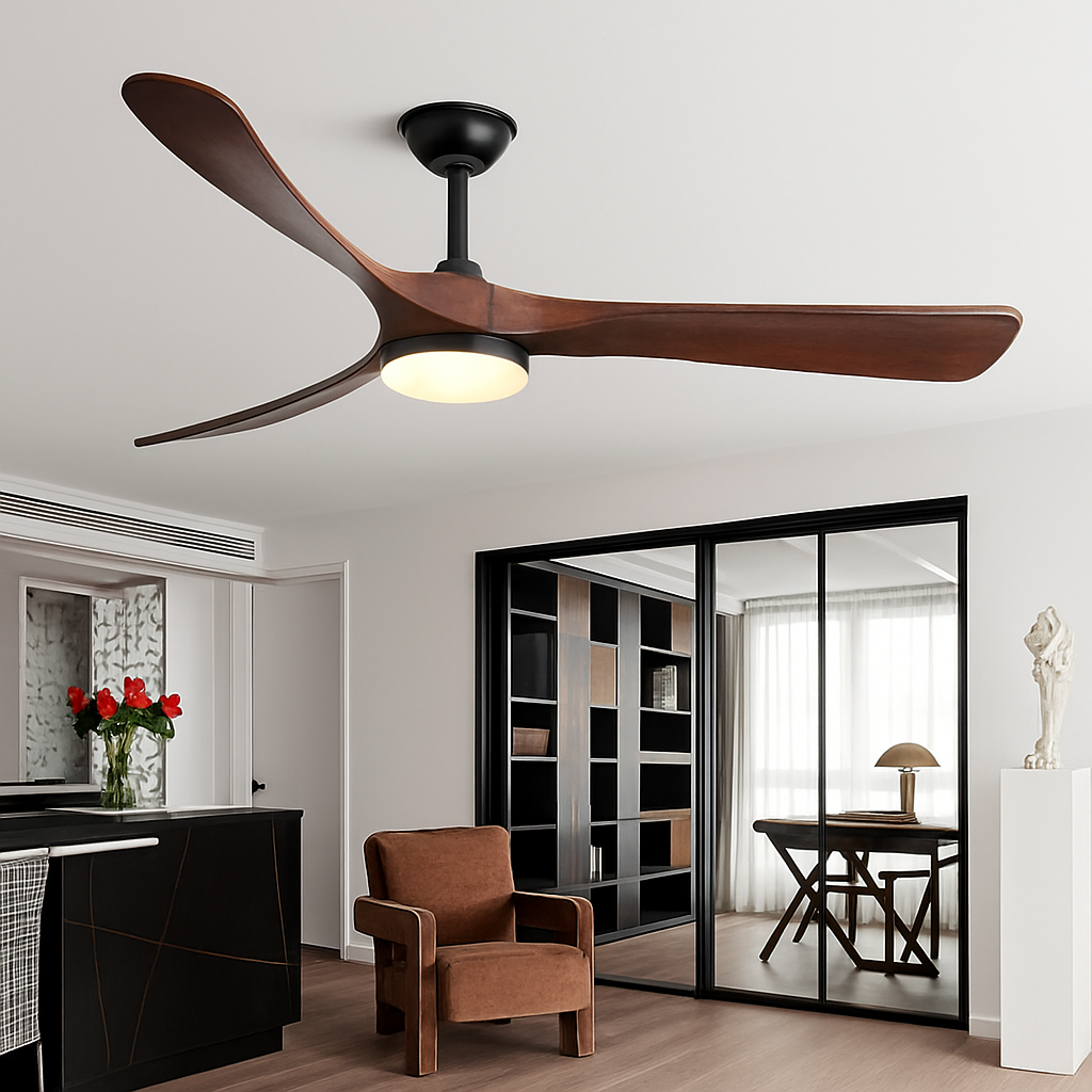 ventilateur de plafond bois naturel de luxe avec led réversible été hiver