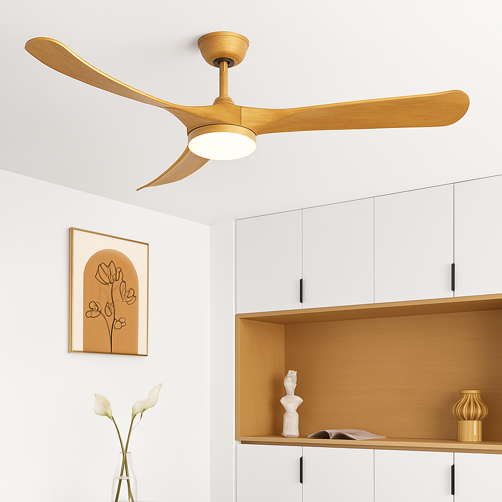 ventilateur de plafond bois naturel de luxe avec led réversible été hiver