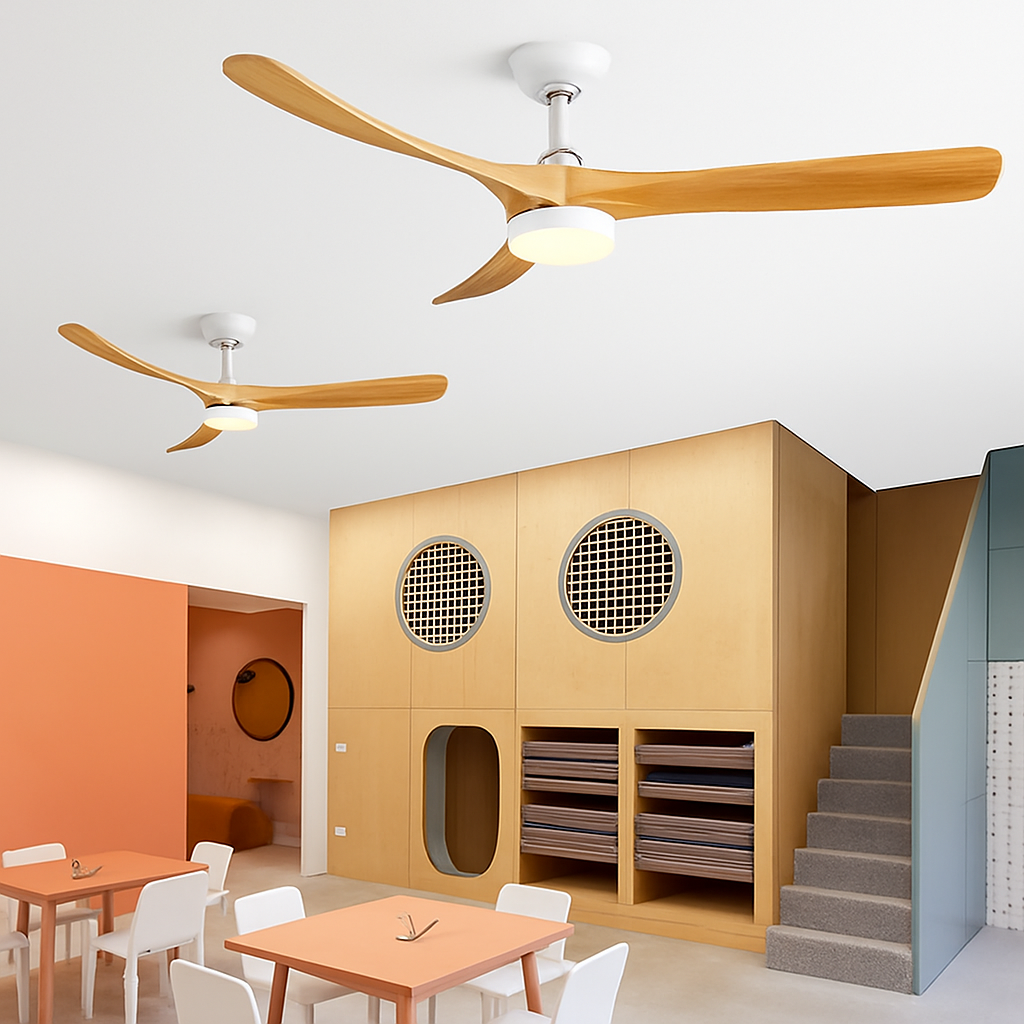 ventilateur de plafond bois naturel de luxe avec led réversible été hiver