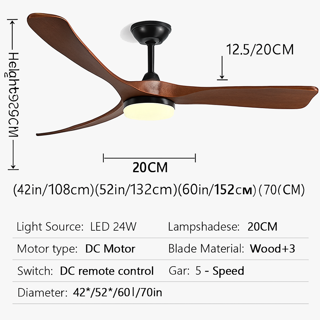 ventilateur de plafond bois naturel de luxe avec led réversible été hiver