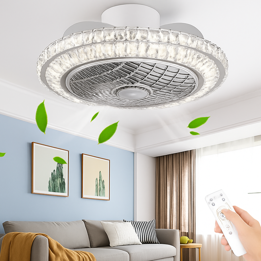 ventilateur de plafond cristal moderne avec lumière télécommande silencieuse 3 vitesses