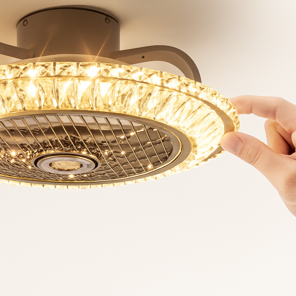 ventilateur de plafond cristal moderne avec lumière télécommande silencieuse 3 vitesses