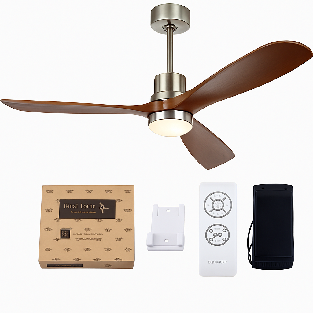 ventilateur de plafond en bois design vintage avec lumière intégrée