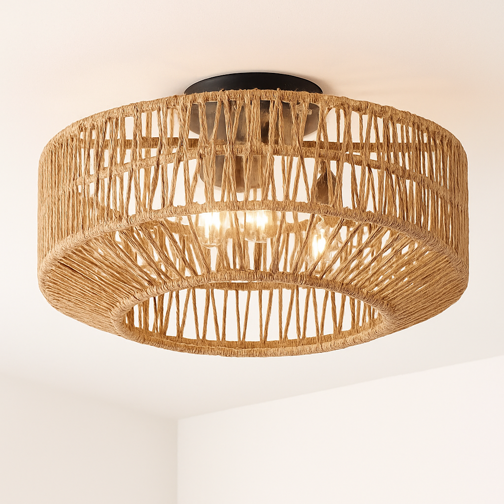 ventilateur de plafond en rotin avec lumière et télécommande vintage