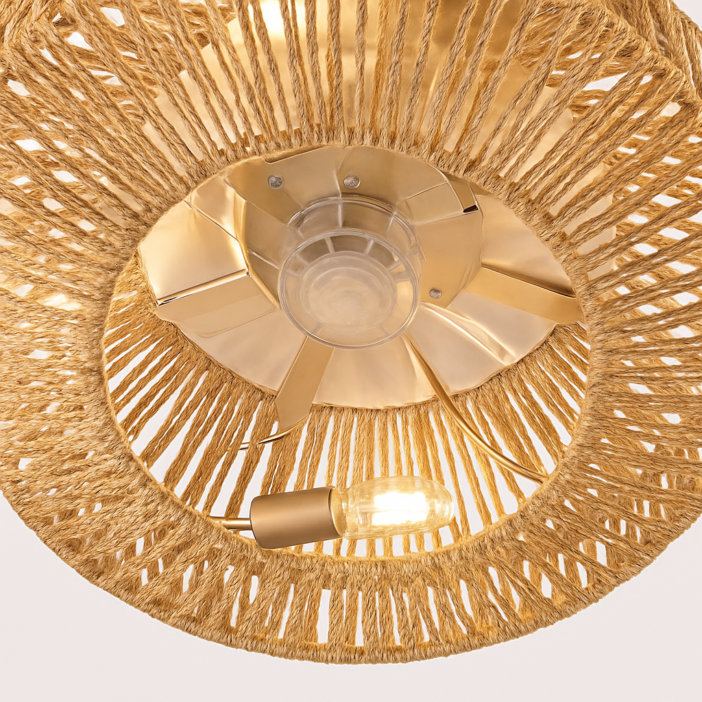 ventilateur de plafond en rotin avec lumière et télécommande vintage