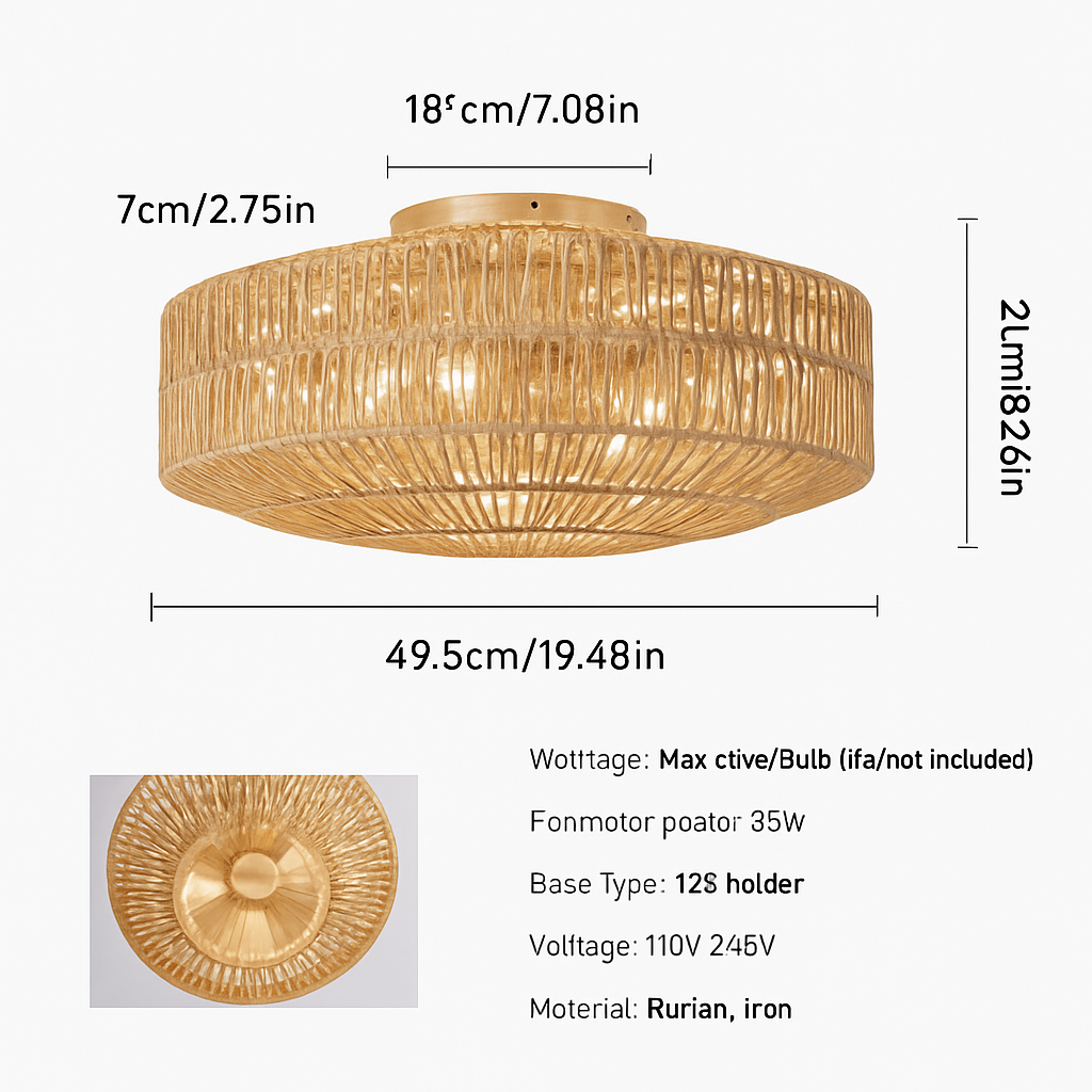 ventilateur de plafond en rotin avec lumière et télécommande vintage