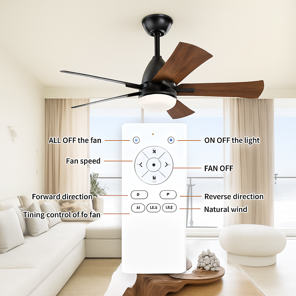 ventilateur de plafond moderne en bois avec télécommande et lumière