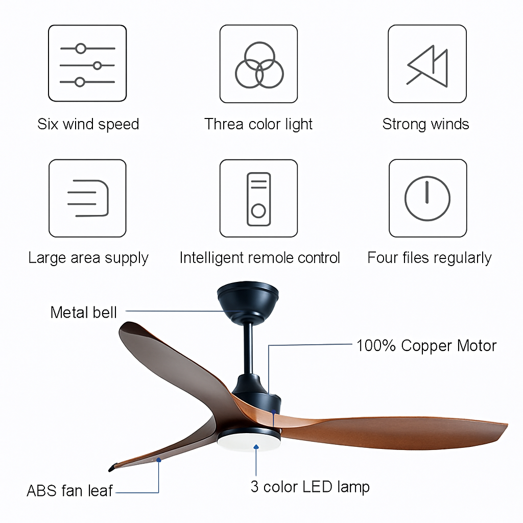 ventilateur de plafond moderne simple en pur cuivre avec lumière led