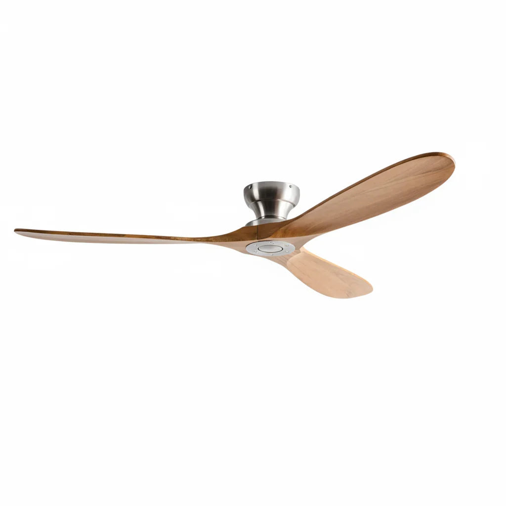 Ventilateur de plafond à pales en bois clair et moteur chromé — Cannage
