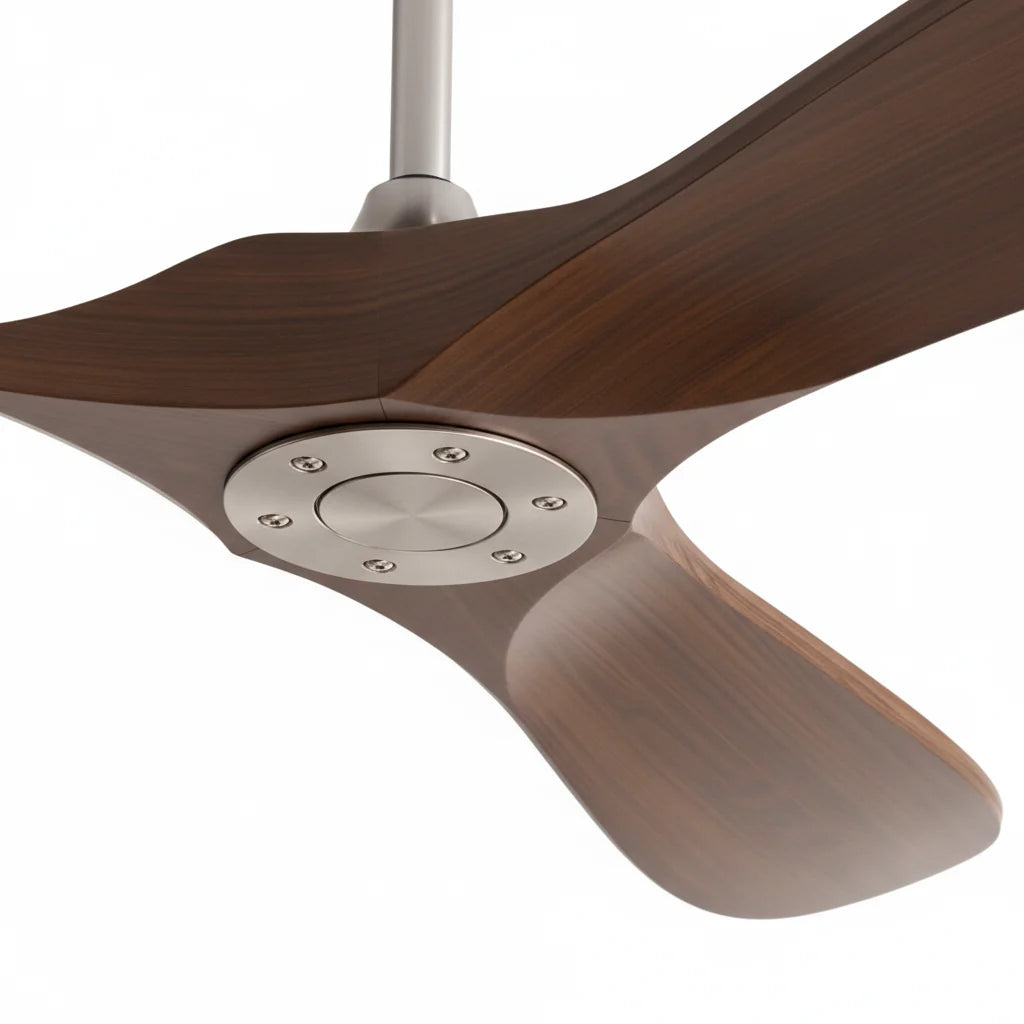 Ventilateur de plafond chromé sans éclairage, effet bois foncé — Armille