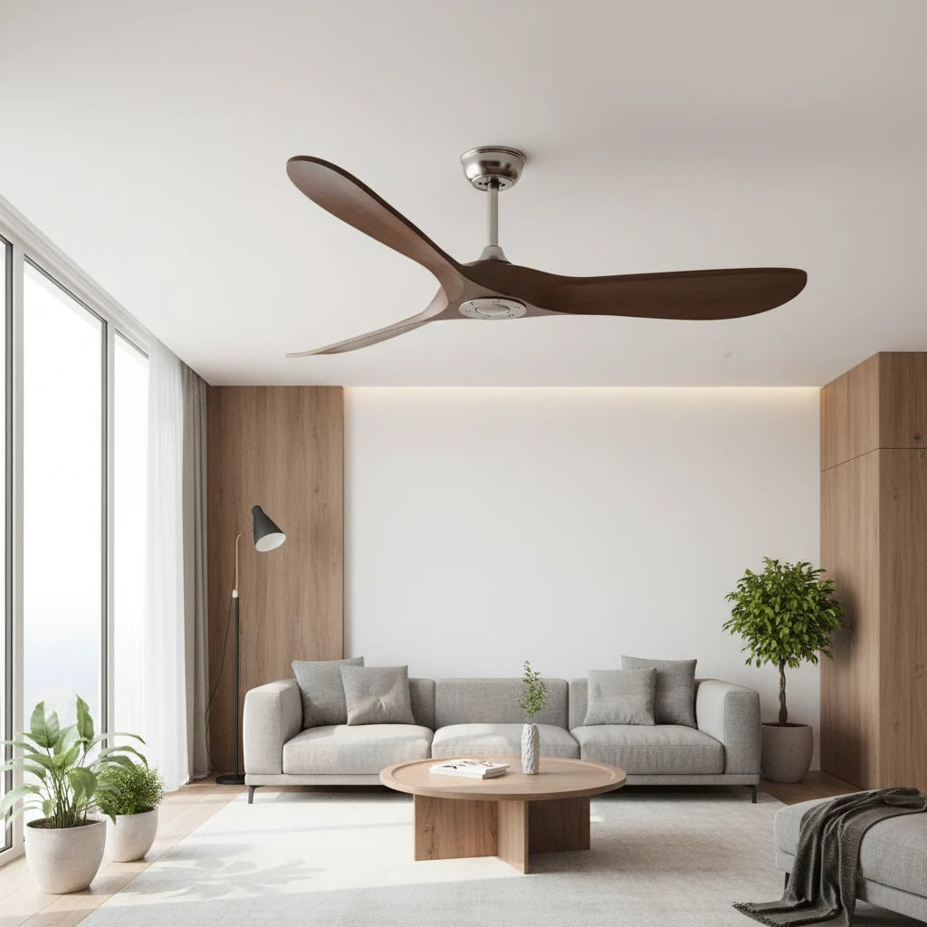 Ventilateur de plafond chromé sans éclairage, effet bois foncé — Armille