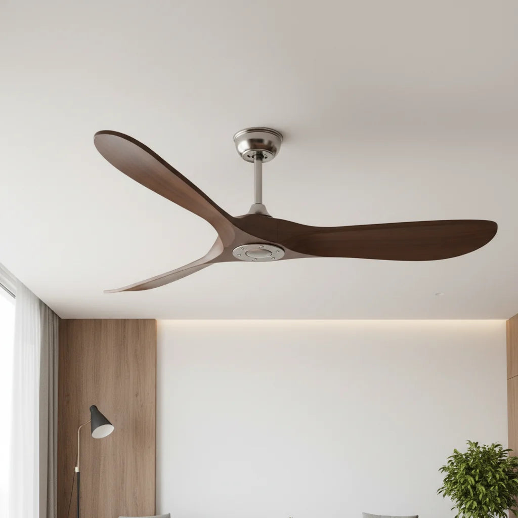 Ventilateur de plafond chromé sans éclairage, effet bois foncé — Armille