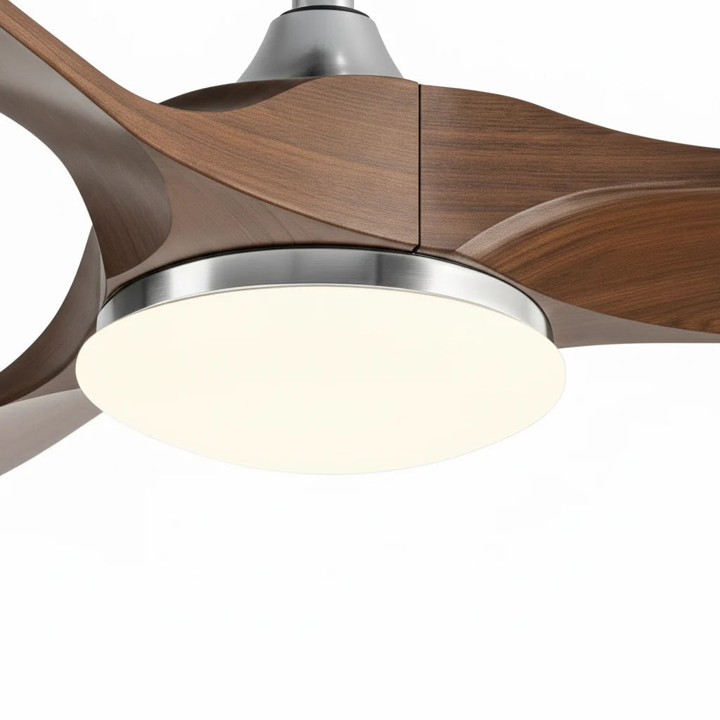 Ventilateur de plafond LED chromé à pales effet noyer — Vulpin