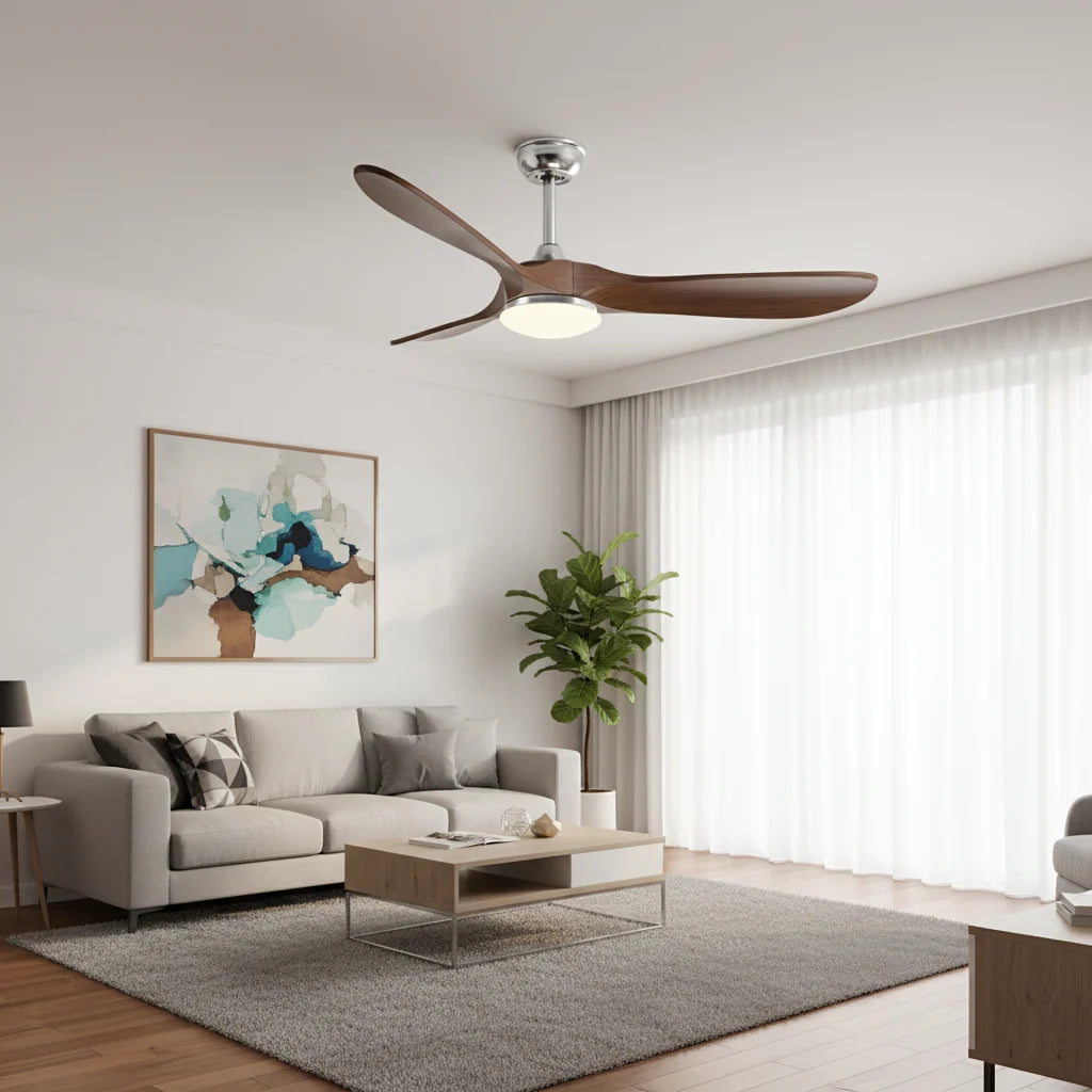 Ventilateur de plafond LED chromé à pales effet noyer — Vulpin