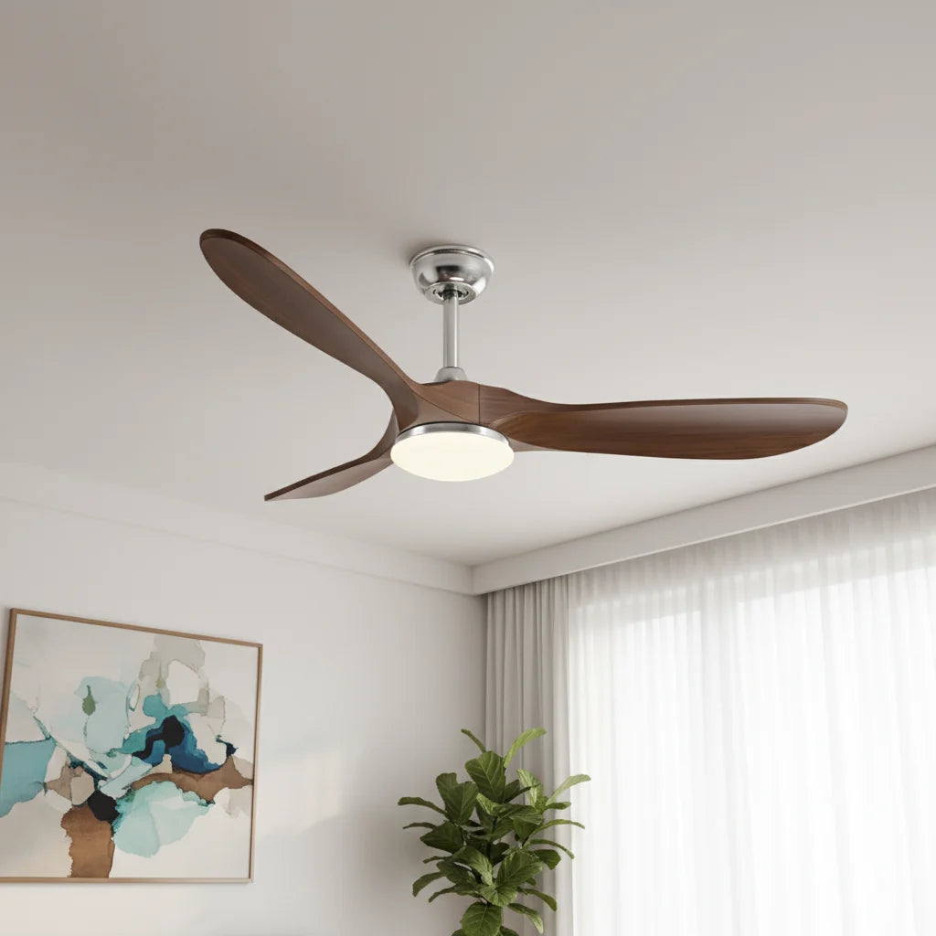 Ventilateur de plafond LED chromé à pales effet noyer — Vulpin