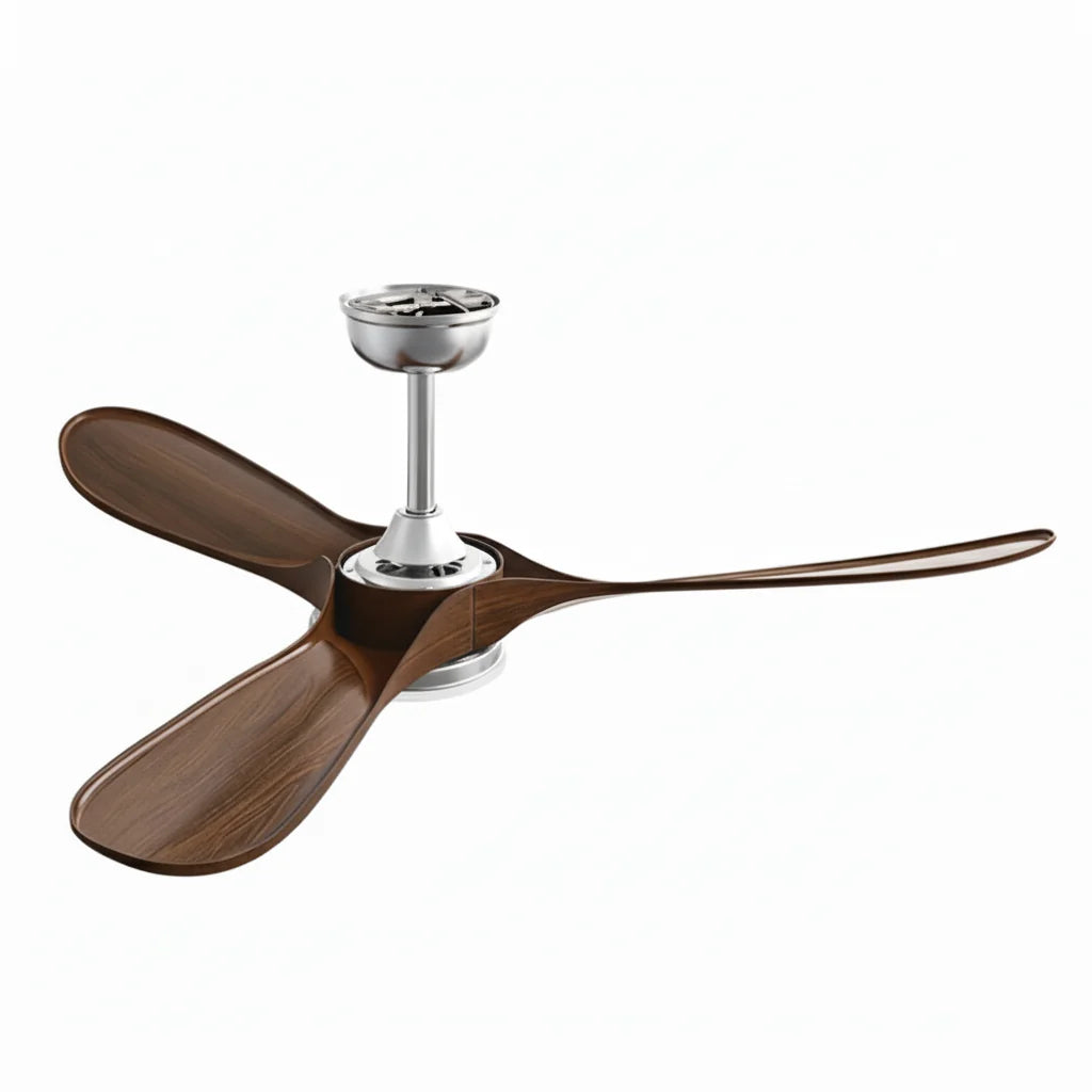 Ventilateur de plafond LED chromé à pales effet noyer — Vulpin
