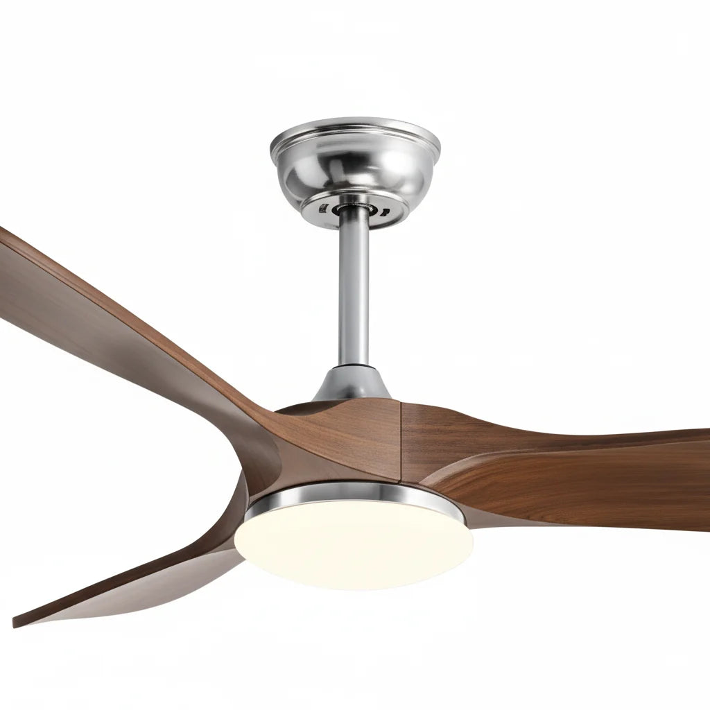 Ventilateur de plafond LED chromé à pales effet noyer — Vulpin