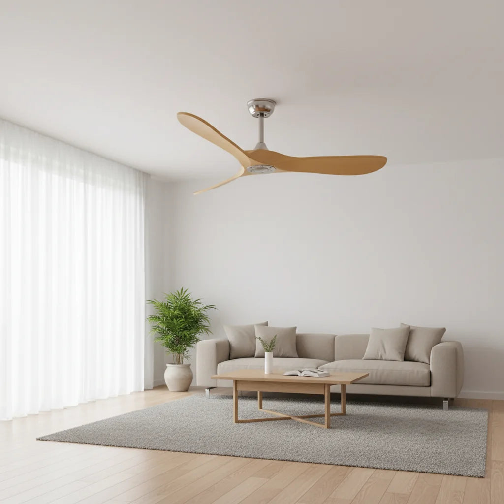 Ventilateur de plafond chromé sans éclairage, effet bois clair — Argousier