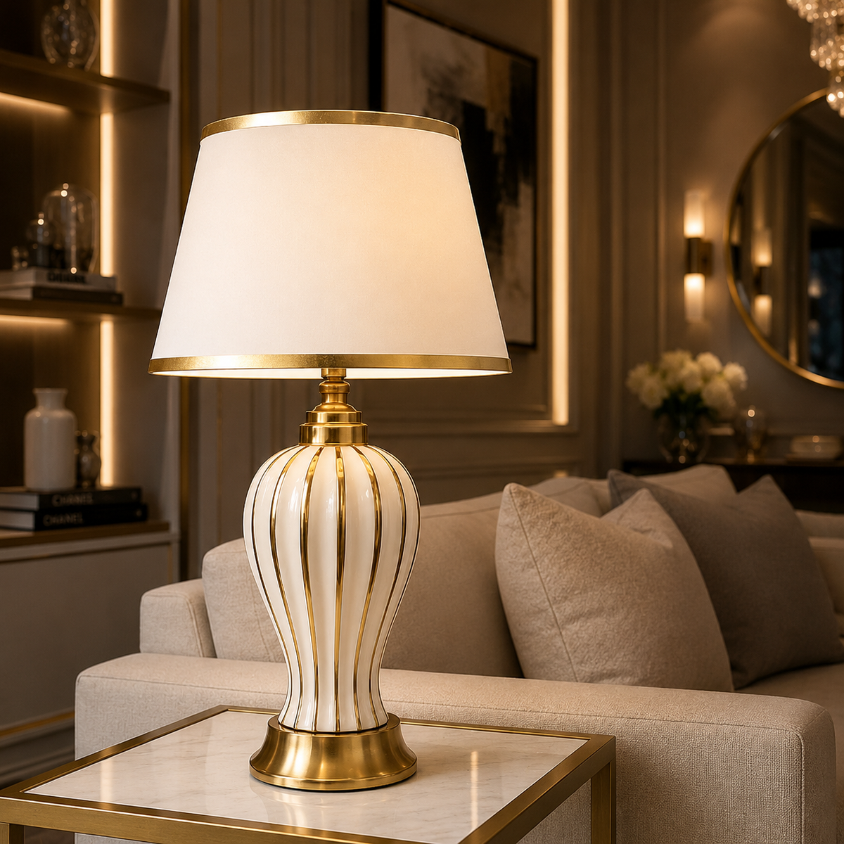 Lampe à poser en céramique à pied cannelé et abat-jour plissé — Éphémère