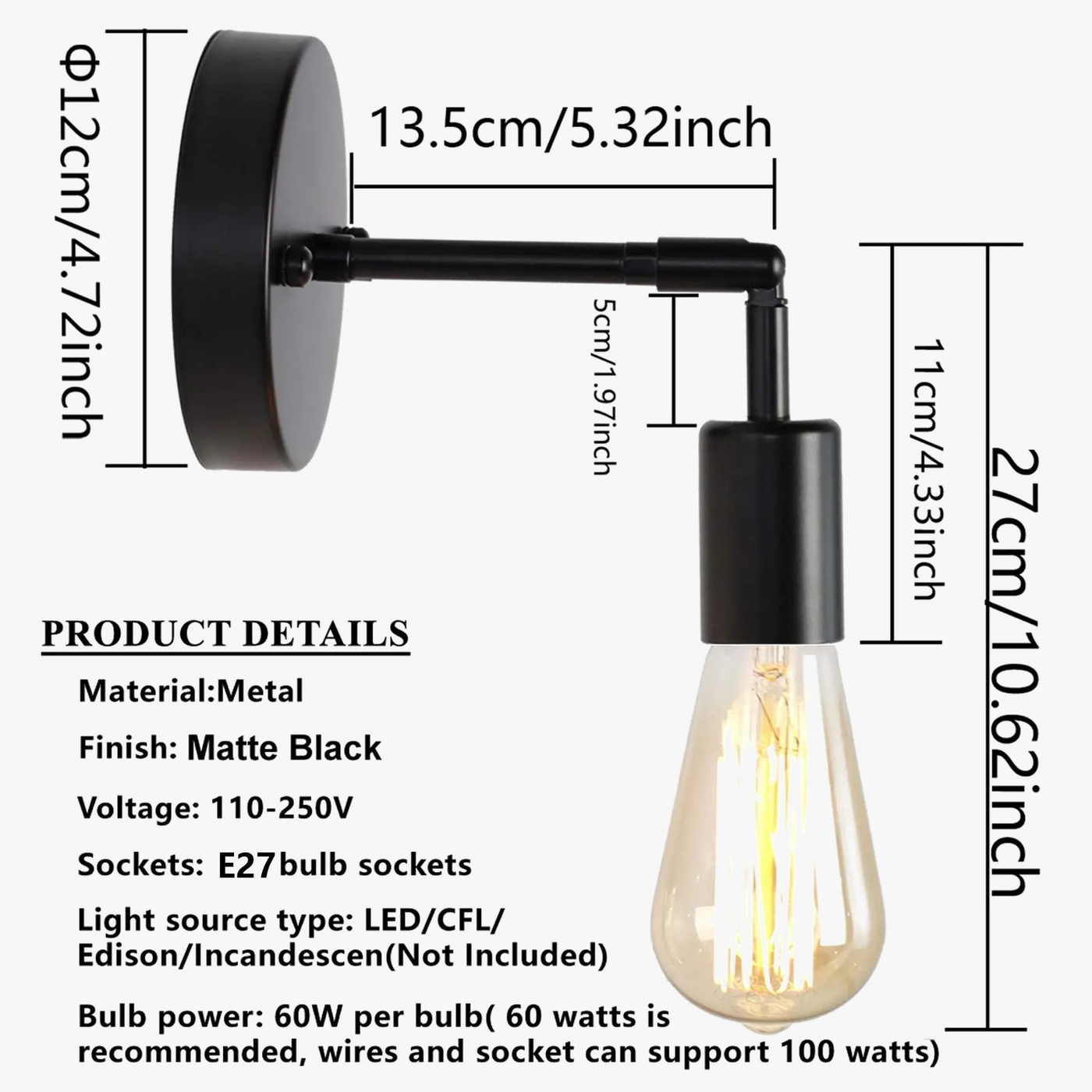 Vintage applique murale LED lampe 180 ° rotatif industriel E27 chambre chevet salle de bain miroir applique murale vanité luminaire plafonnier